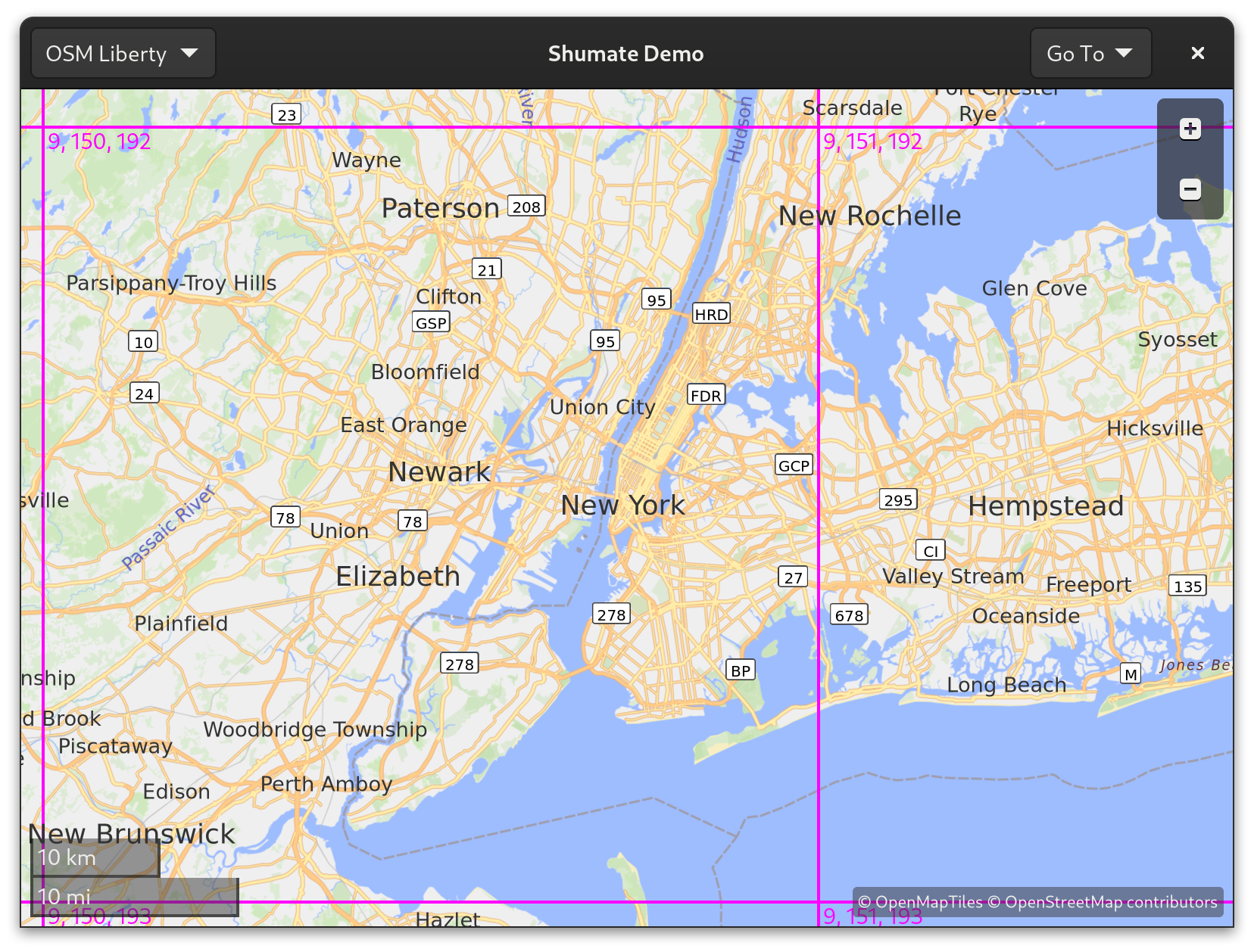 A screenshot of the Shumate demo with magenta outlines around each tile.
